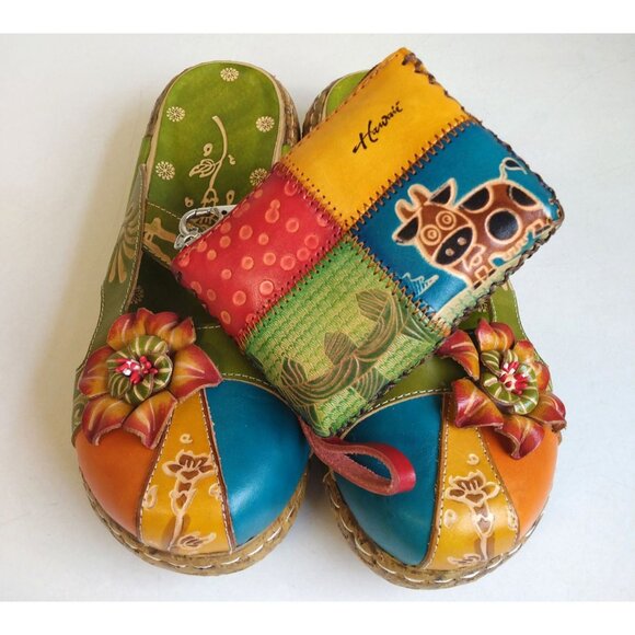 Women's Leather Flower Boho Sandals and Coin Purse Wristlet - Picture 3 of 16